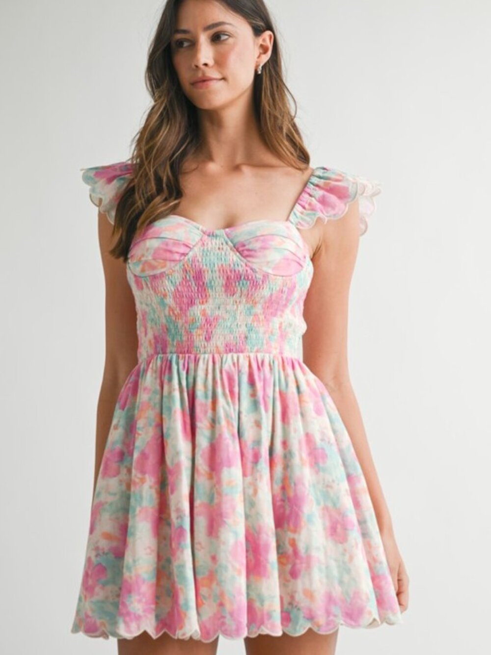 Floral Print Ruffle Sleeve Smocked Mini Dress